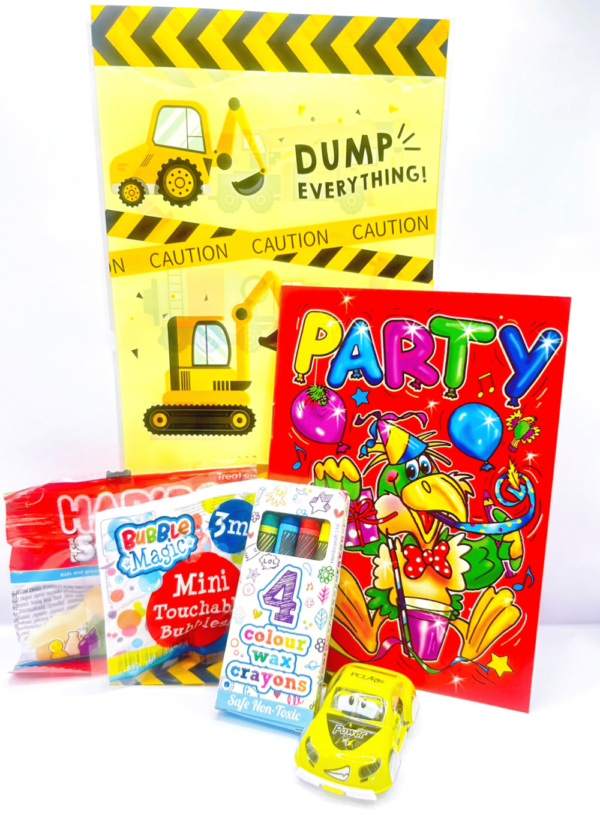 Construction Pre Filled Cello Party Bag contain high quality items, children will discover slime, bubbles, pull back cars and much more, contents may vary slightly.