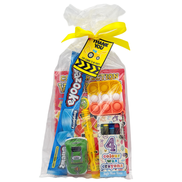 Construction Pre Filled Party Bag contains high quality items, children will discover slime, bubbles, pull back cars and much more, contents may vary slightly.