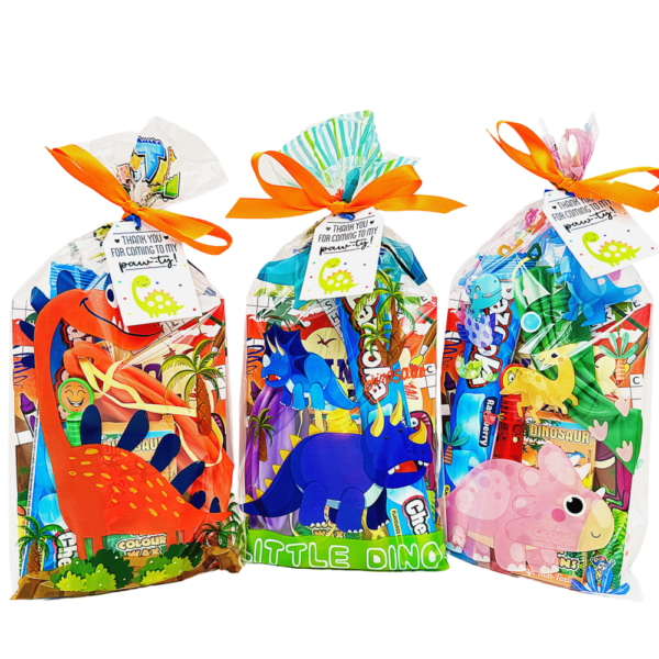 Dino Pre Filled Cello Party Bag contain high quality items, children will discover dinosaur notebook, stickers , activity mini playing cards and much more, contents may vary slightly.