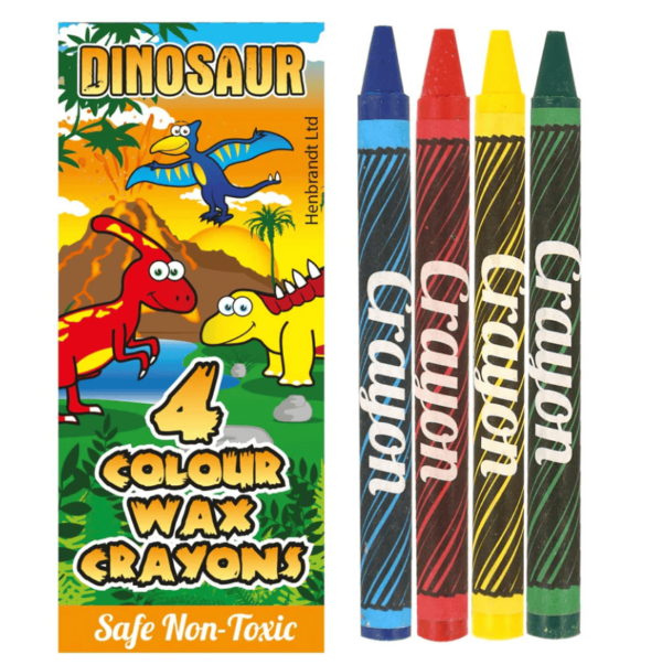 Dinosaur Mini Wax Crayons come in 4 Assorted Wax Crayons in a Dinosaur themed box.