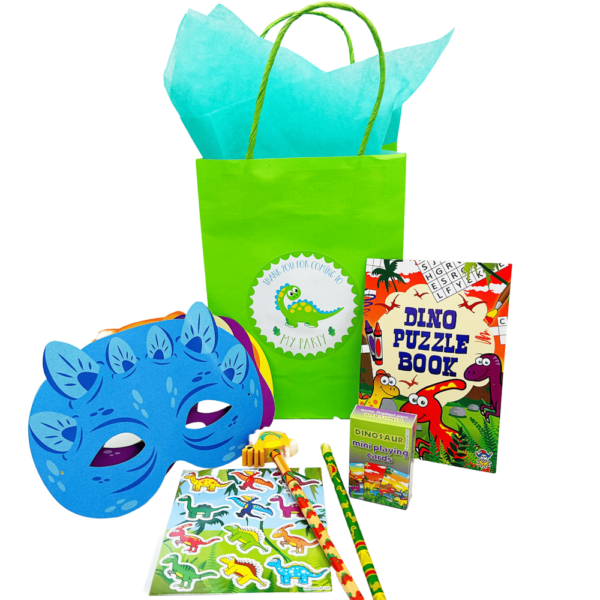 Dinosaur Pre Filled Eco Freindly Paper Party Bags contain high quality items, children will discover dinosaur mask, stickers , activity colouring book and much more, contents may vary slightly.