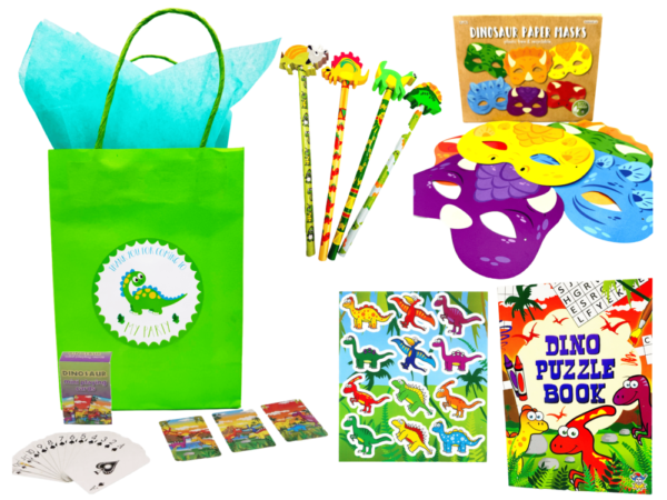 Dinosaur Pre Filled Eco Friendly Paper Party Bags contain high quality items, children will discover dinosaur mask, stickers , activity colouring book and much more, contents may vary slightly.