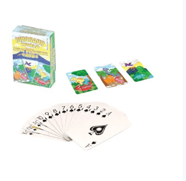 Mini Dinosaur Playing Cards Each deck of cards include 52 cards plus 2 Jokers in assorted designs. Dimensions are 60 x 40mm.