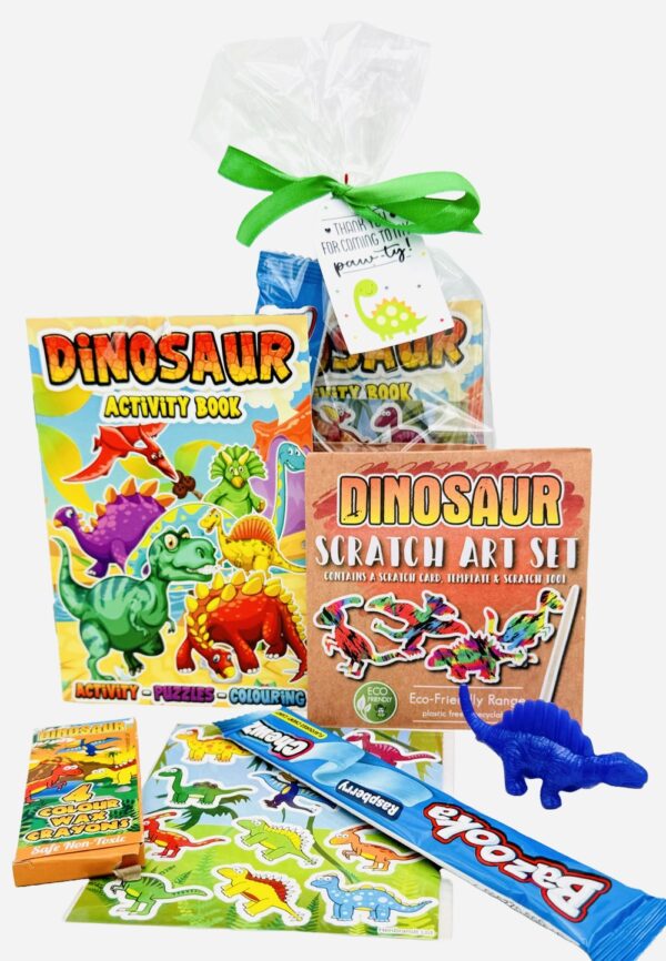 Mega Dinosaur Pre Filled Party Bag contains high quality items, children will discover dinosaur scratch art, stickers , activity books and much more, contents may vary slightly.