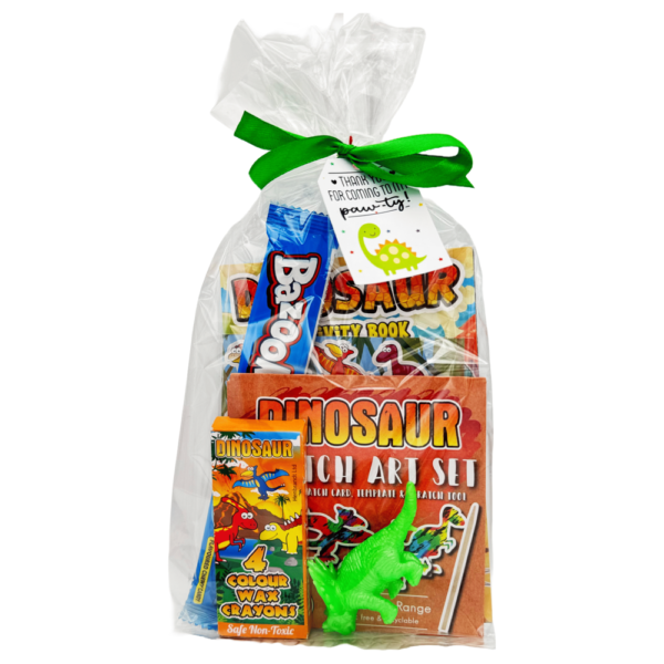 Mega Dinosaur Pre Filled Party Bag contain high quality items, children will discover dinosaur scratch art, stickers , activity books and much more, contents may vary slightly.