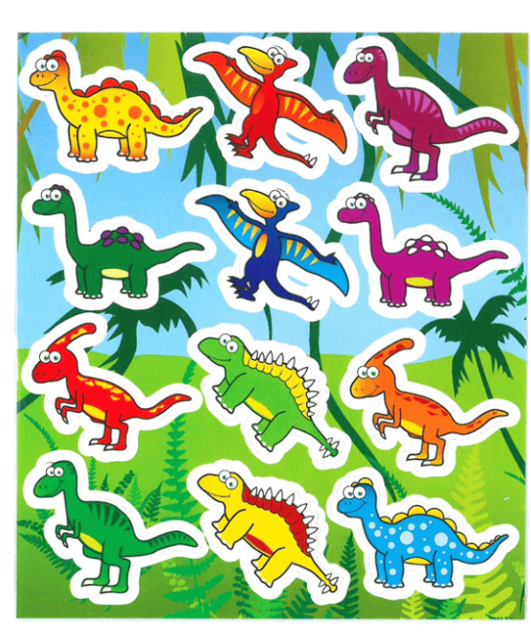 Dinosaur Sticker Sheets come with 12 dinosaur stickers and the size is 115mm x 100mm. Great ideal for Party bags & lucky dip prizes.