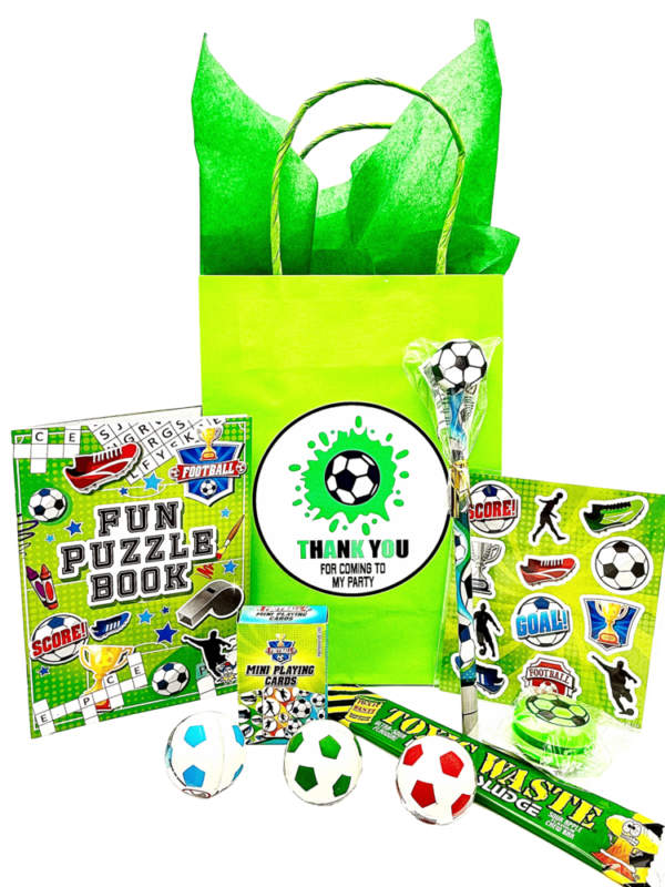 Football Pre Filled Paper Party Bag contain high quality items, bubbles, stickers, keyring, bouncy balls, activity books and much more, contents may vary slightly.