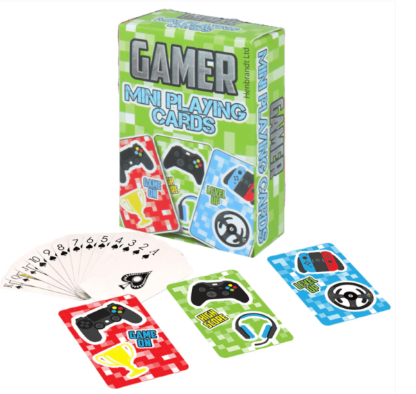 Gamer Playing Cards are miniature pixelated design computer gaming themed video gamer deck of playing cards in red, blue and green with assorted designs