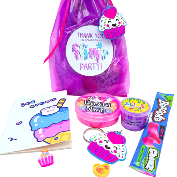 Slime Pre Filled Party bag come pre-filled with a delightful assortment neon slime, scented putty, and vegan candy and much more.