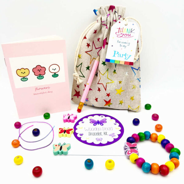 Butterfly Bracelet DIY Eco Friendly Party Bags comes Crafted from eco-friendly cotton, this stylish pre filled party bag contains wooden pencil, memo pad and DIY wooden bracelet kit keeping them occupied.