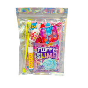 Fluffy Slime Filled Party Bag comes pre-filled with a delightful assortment lip gloss, fluffy slime, fidget pop keyring and much more.