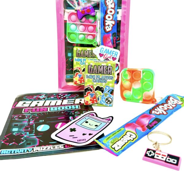 Inside, your Girls Pink Gamers Pre Filled Party Bags you will discover a treasure trove of exciting gaming goodies. From mini fidget keyrings, playing cards, activity books and much more.