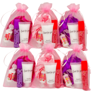 Pink Pamper Scrunchies Party Bag come pre-filled with a variety of lip gloss, nail polish, and other delightful goodies that make for perfect birthday treats.