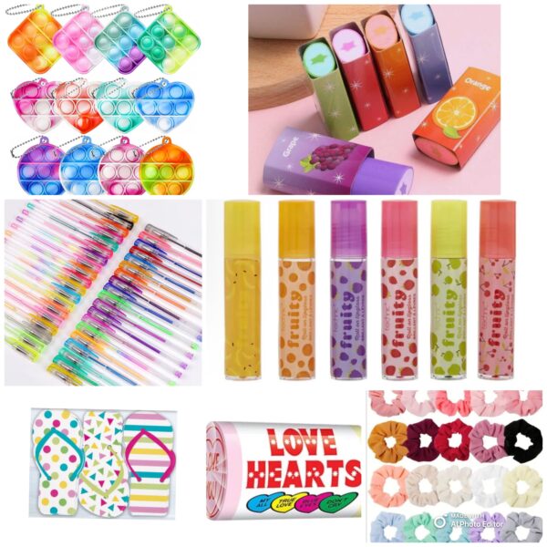 Deluxe Lip Gloss Pre Filled Party Bag comes pre-filled with a delightful assortment lip gloss, stickers, fidget keyring, and much more.