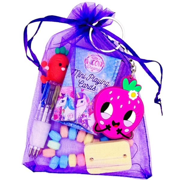 Girls Purple Organza Party Bag comes with fun card game and vegan sweets.