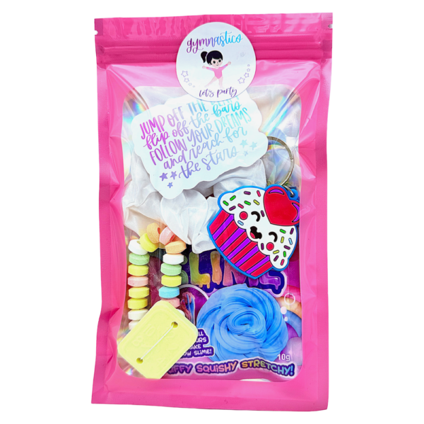 Gymnastics Pre Filled Party Pack contains high quality items, children will discover keyring, fluffy slime, lip balm and much more, contents may vary slightly.