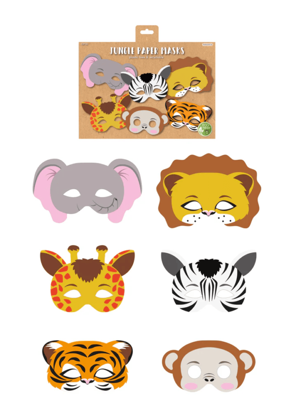 Jungle paper Party Masks come in assorted 12 animal designs.