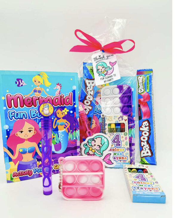 Mermaid Pre Filled Party Bags comes ready filled with colouring,Crayons and sensory toys.