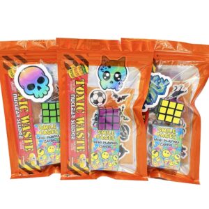 Older Boys Pre Filled Party Pack in orange comes pre-filled with a delightful assortment of sticker, playing cards, bouncy ball, vegan sweets and much more.