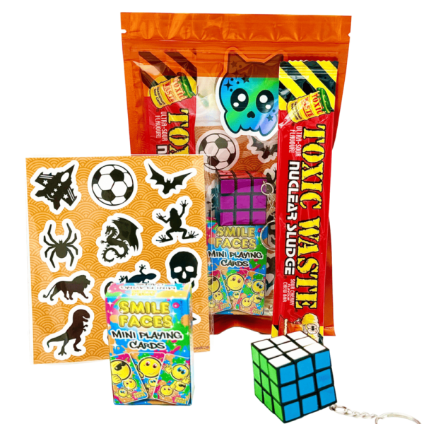 Older Boys Pre Filled Party Pack in orange comes pre-filled with a delightful assortment of sticker, playing cards, bouncy ball, vegan sweets and much more.