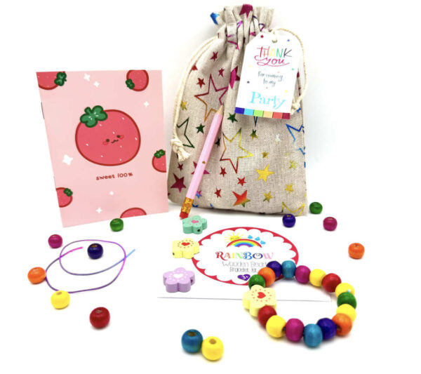 Rainbow Bracelet DIY Eco Friendly Party Bags comes Crafted from eco-friendly cotton, this stylish pre filled party bag contains wooden pencil, memo pad and DIY wooden bracelet kit keeping them occupied.