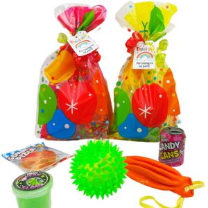 These Rainbow Pre Filled Neon Party bags come Pre Filled with a delightful assortment bubbles, stickers, slime, vegan candy and much more.