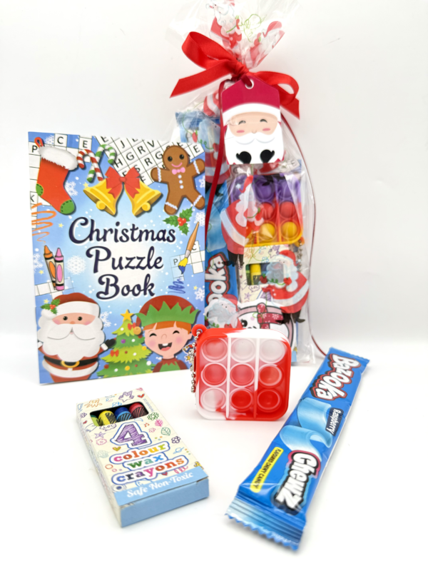 Santa Pre Filled Christmas Party Bag with contains high-quality items, including fidget poppet keyring, activity book and much more, contents may vary slightly.