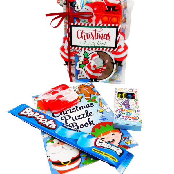 Santa Pre Filled Party Parcel contains high-quality items, including fidget poppet keyring, activity book and much more, contents may vary slightly.