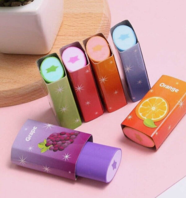 These Scented Erasers emit fruity scents Enjoy the delightful scents of Orange, Strawberry, Blueberry, Apple, Grape, and Orange.