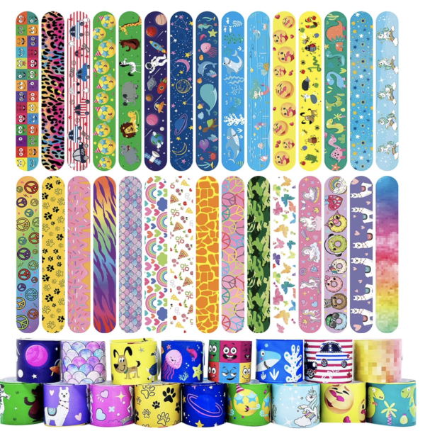 Slap Bracelets Slap-on your wrist to form a bracelet. Made with a smooth vinyl cover.