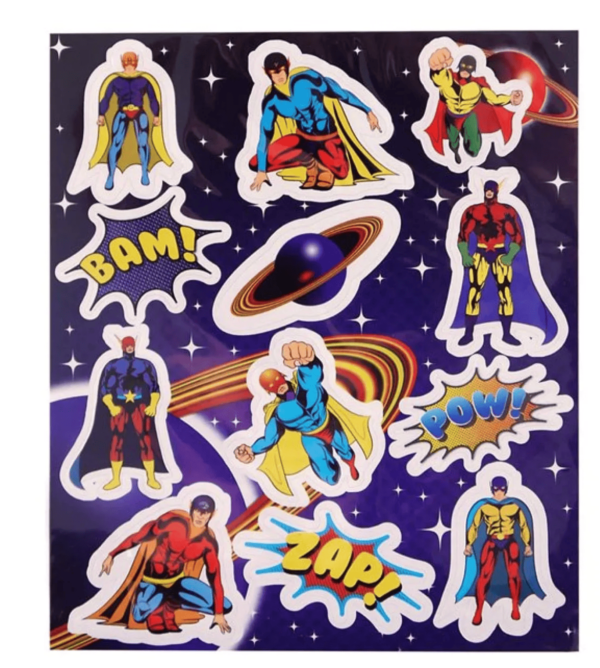 superhero stickers in assorted hero, onomatopoeia, and space themes. Suitable for boys and girls, you can add them to any party bag.