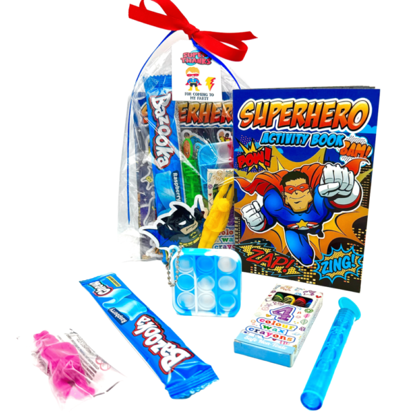 Super Hero Pre Filled Birthday Party Bag comes with bubbles, fidget keyring , activity book and much more, contents may vary slightly.