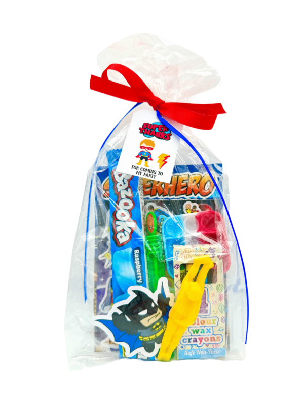 Super Hero Pre Filled Birthday Party Bags comes with bubbles, fidget keyring , activity book and much more, contents may vary slightly.