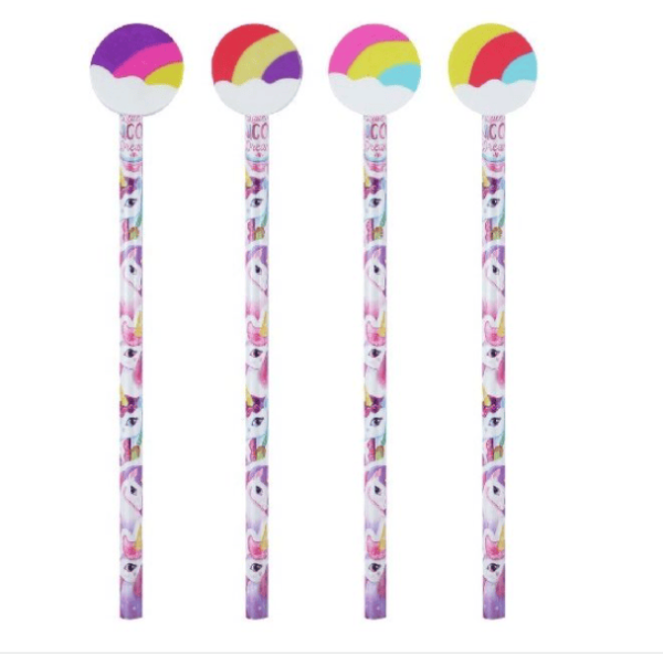 Unicorn Pencils With Eraser, the pencil features unicorns in pretty purple and pink colours with an attached rainbow eraser.