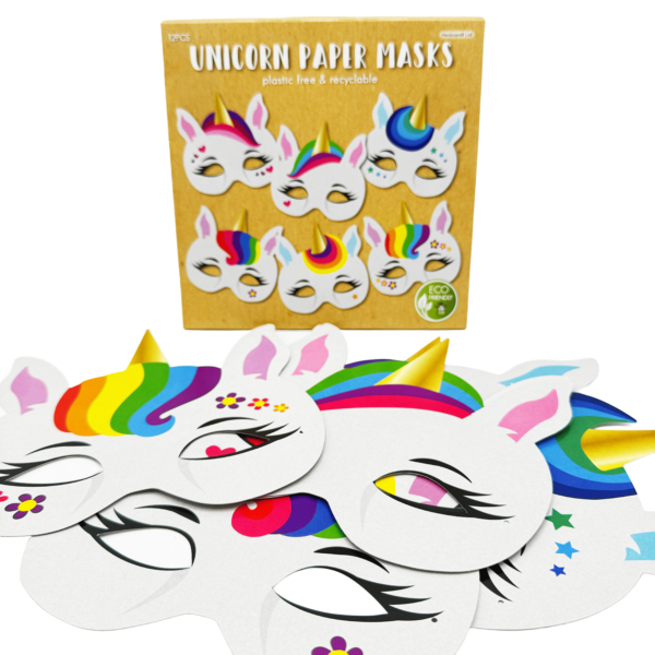 Unicorn Paper Masks Paper masks cover 3/4 of the wearer's face and are elasticated. Suitable for boys and girls.