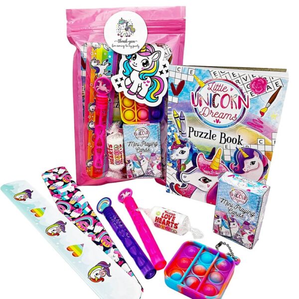 Each Unicorn Pre Filled Party Pack contains high-quality items, including fidget poppet keyring, bubbles, activity book and much more.