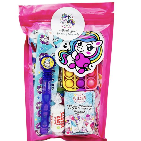 Each Unicorn Pre Filled Party Pack contains high-quality items, including fidget poppet keyring, bubbles, activity book and much more.