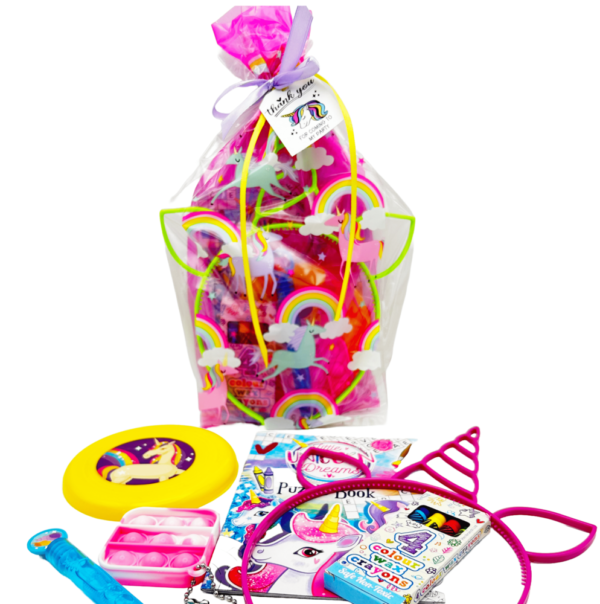 Unicorn Rainbow Deluxe Filled Party Bag contains high-quality items, including fidget poppet keyring, bubbles, activity book and much more.