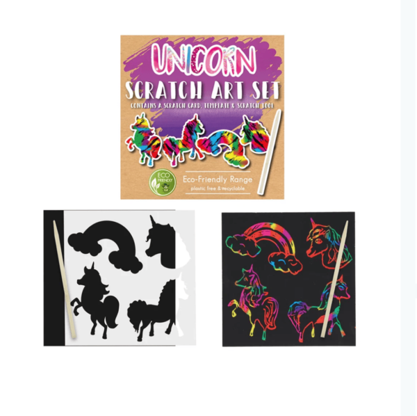 Unicorn Scratch Art Set. comes in printed envelopes, that include 1 black scratch board, 1 wooden scratch tool and 1 stencil sheet.