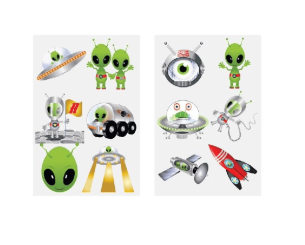 Alien Tattoo Sheet comes with 6 designs. All you need to do is wet skin and press down for 20 seconds.