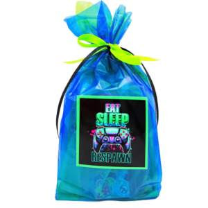 Video Gamer Respawn Party Bag are Crafted with care, each bag is presented in a double-layered green and blue cellophane gift bag, with a satin black and neon ribbon for an eye-catching finish. We also include a gaming sticker reading, "Thank you for playing " gaming console sticker on every bag, adding a personal touch to your event with matching ribbon.