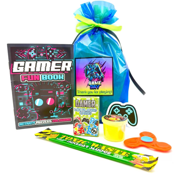 Game Day Pre Filled Party Bag are crafted with care, each bag is presented in a double-layered green and blue cellophane gift bag, with a satin black and neon ribbon for an eye-catching finish.